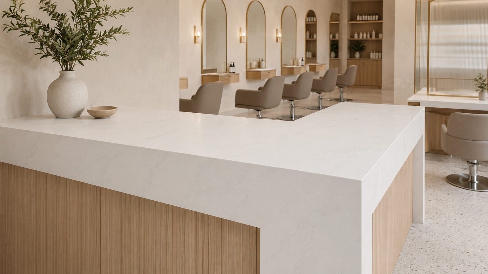 An interior finished in Antique Calacatta polished quartz