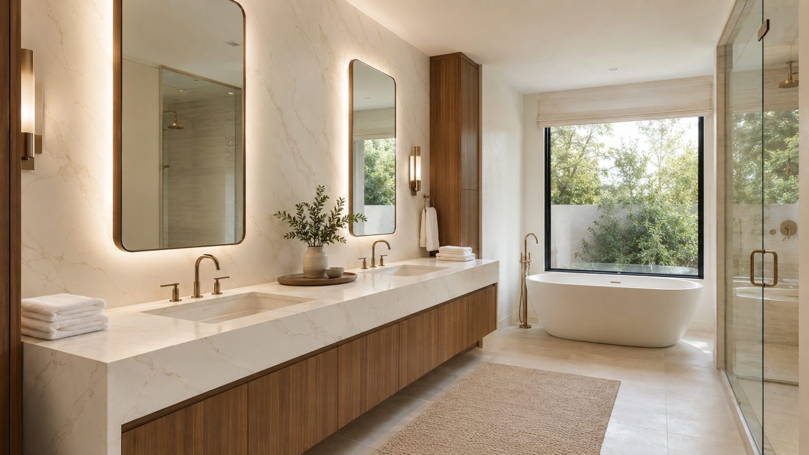 An interior finished in Calacatta Imperial Gold polished quartz