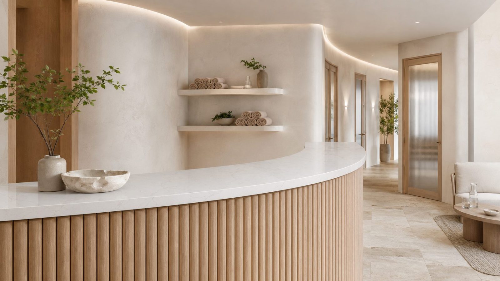 An interior finished in Carrara White Gold polished quartz