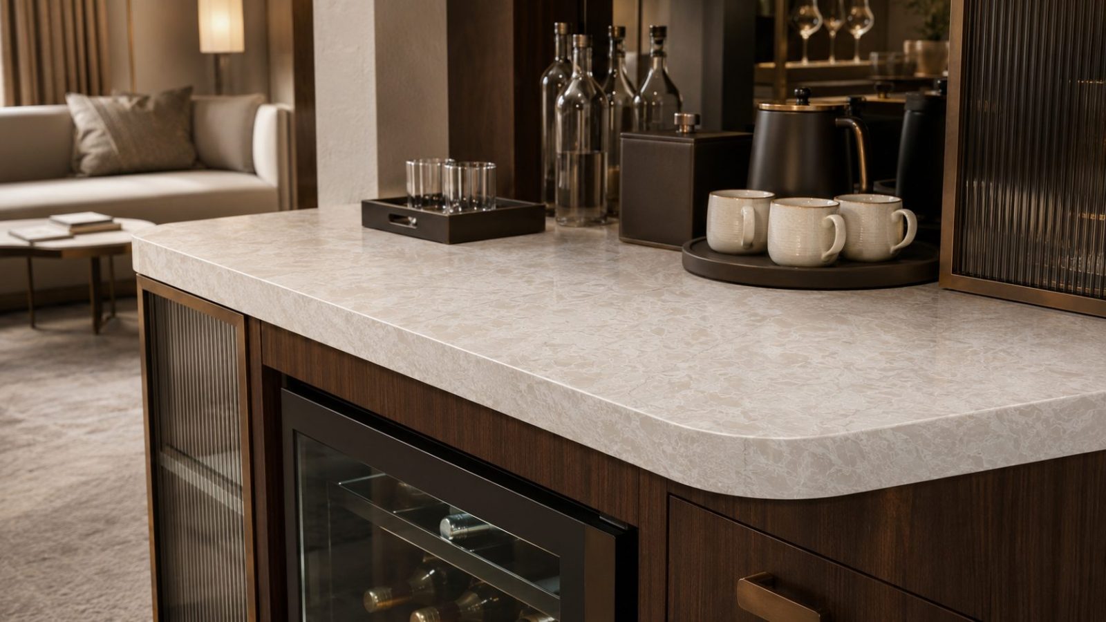 An interior finished in Taj Gold Summit polished quartz